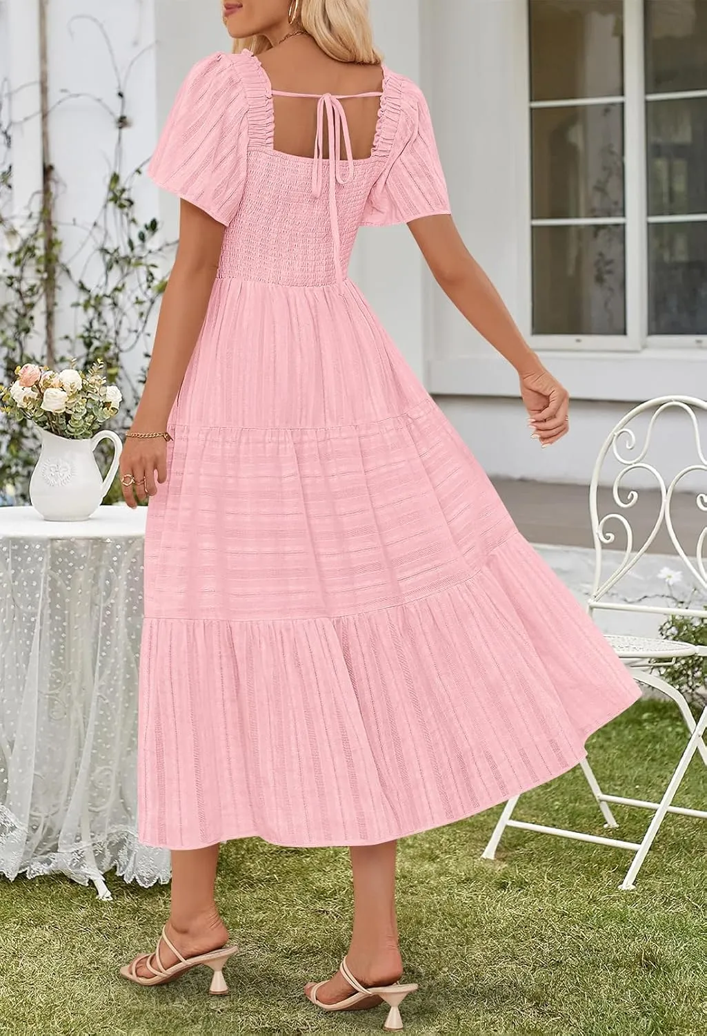 MEROKEETY Women's 2025 Summer Flowy Midi Maxi Dress Short Sleeve Square Neck Smocked Tiered Ruffle Boho Dresses with Pockets