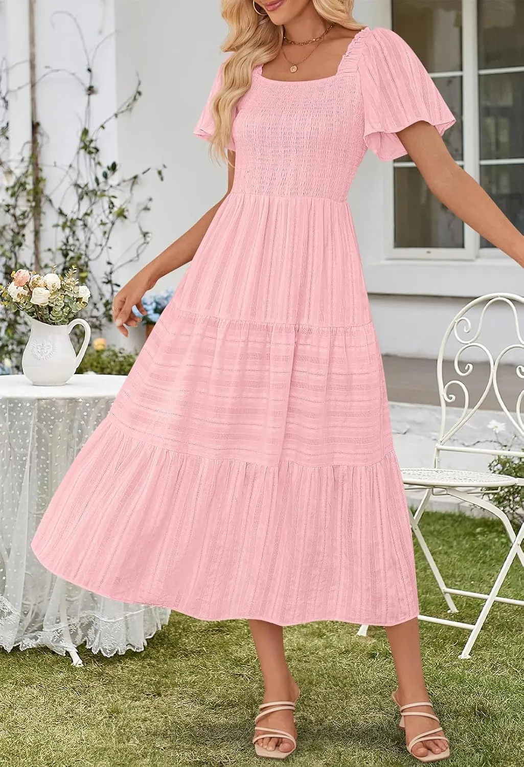MEROKEETY Women's 2025 Summer Flowy Midi Maxi Dress Short Sleeve Square Neck Smocked Tiered Ruffle Boho Dresses with Pockets