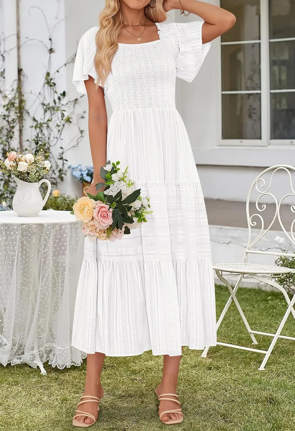 MEROKEETY Women's 2025 Summer Flowy Midi Maxi Dress Short Sleeve Square Neck Smocked Tiered Ruffle Boho Dresses with Pockets