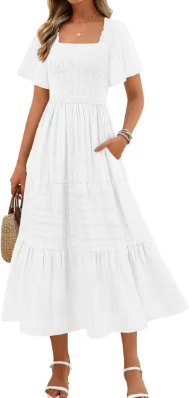 MEROKEETY Women's 2025 Summer Flowy Midi Maxi Dress Short Sleeve Square Neck Smocked Tiered Ruffle Boho Dresses with Pockets