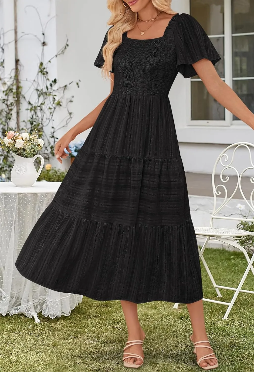 MEROKEETY Women's 2025 Summer Flowy Midi Maxi Dress Short Sleeve Square Neck Smocked Tiered Ruffle Boho Dresses with Pockets