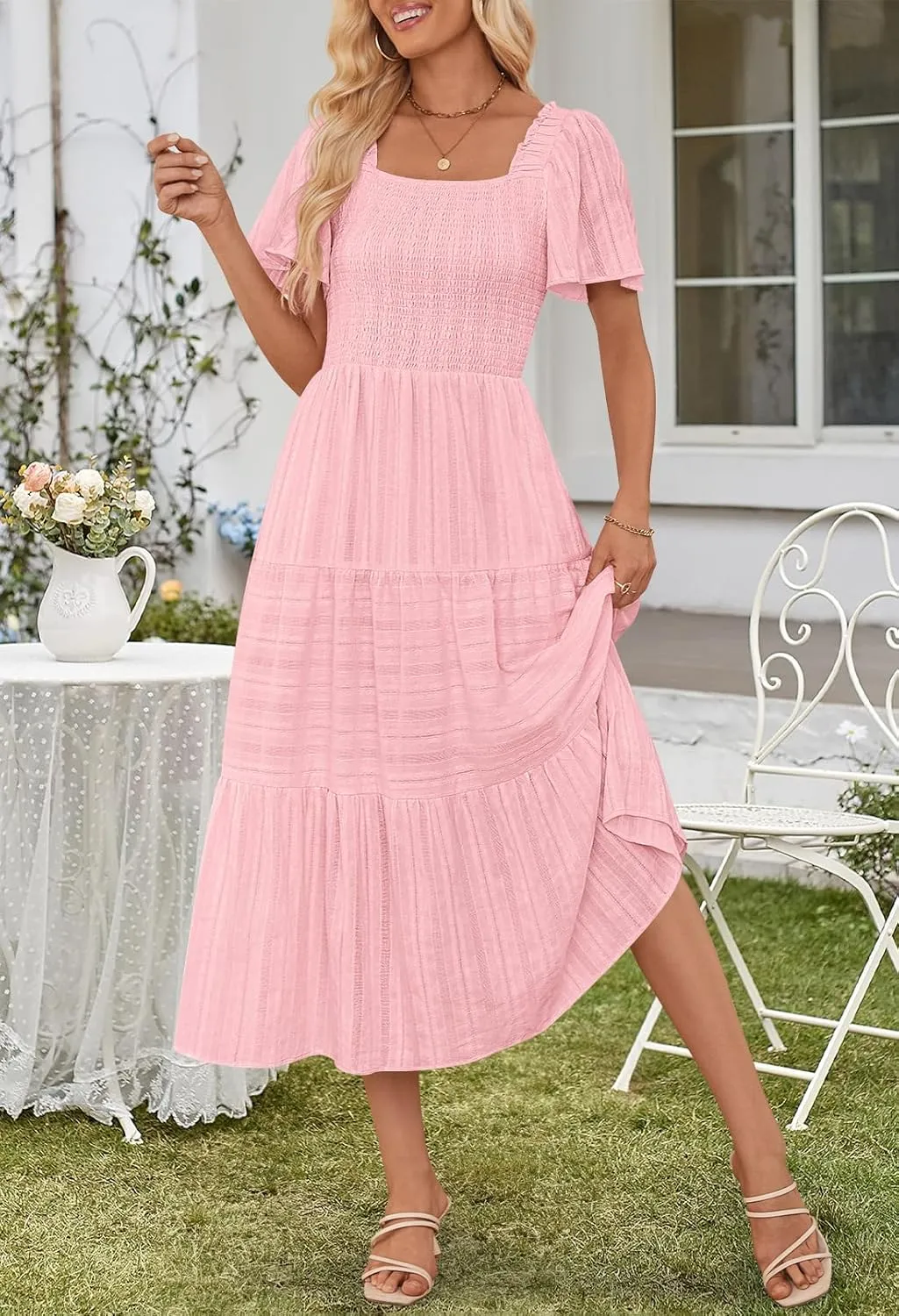 MEROKEETY Women's 2025 Summer Flowy Midi Maxi Dress Short Sleeve Square Neck Smocked Tiered Ruffle Boho Dresses with Pockets