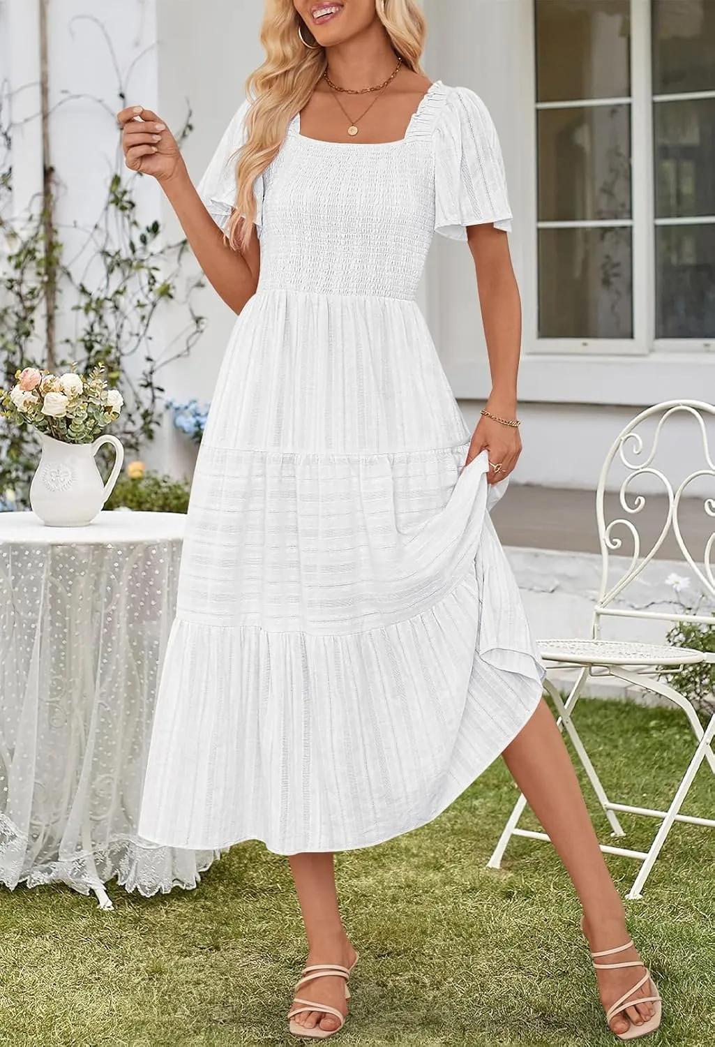 MEROKEETY Women's 2025 Summer Flowy Midi Maxi Dress Short Sleeve Square Neck Smocked Tiered Ruffle Boho Dresses with Pockets