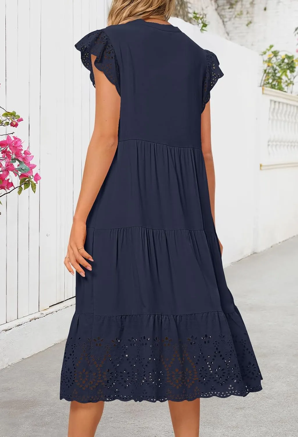 MEROKEETY Women's 2025 Summer Short Sleeve Midi Dress V Neck A-Line Ruffle Tiered Eyelet Casual Dresses