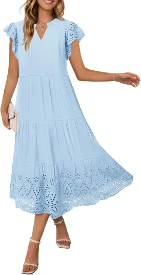 MEROKEETY Women's 2025 Summer Short Sleeve Midi Dress V Neck A-Line Ruffle Tiered Eyelet Casual Dresses