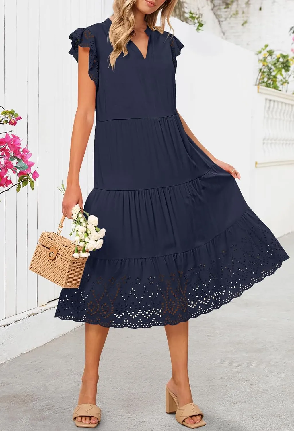 MEROKEETY Women's 2025 Summer Short Sleeve Midi Dress V Neck A-Line Ruffle Tiered Eyelet Casual Dresses