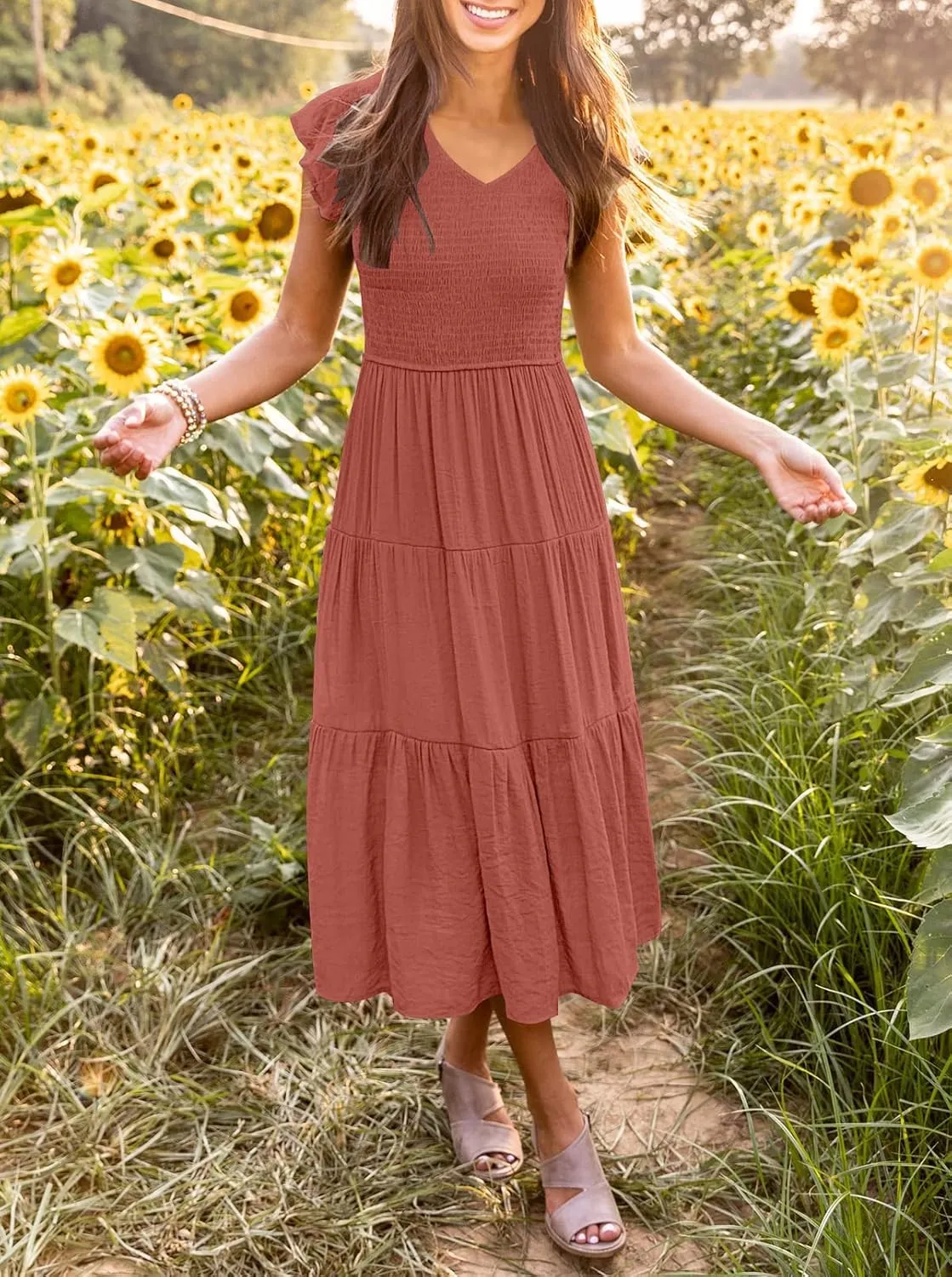 MEROKEETY Women's Flutter Sleeve Smocked Midi Dress V Neck Casual Tiered Dresses with Pockets