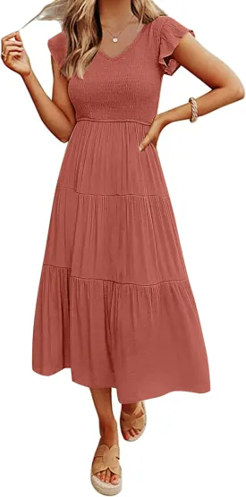 MEROKEETY Women's Flutter Sleeve Smocked Midi Dress V Neck Casual Tiered Dresses with Pockets