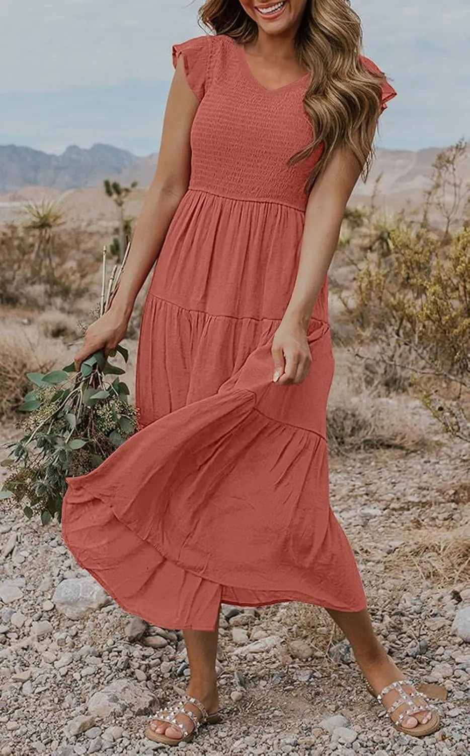 MEROKEETY Women's Flutter Sleeve Smocked Midi Dress V Neck Casual Tiered Dresses with Pockets