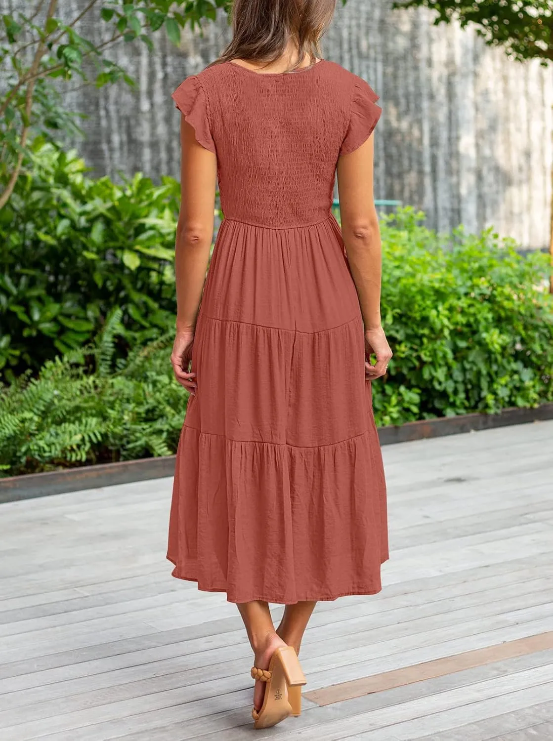 MEROKEETY Women's Flutter Sleeve Smocked Midi Dress V Neck Casual Tiered Dresses with Pockets