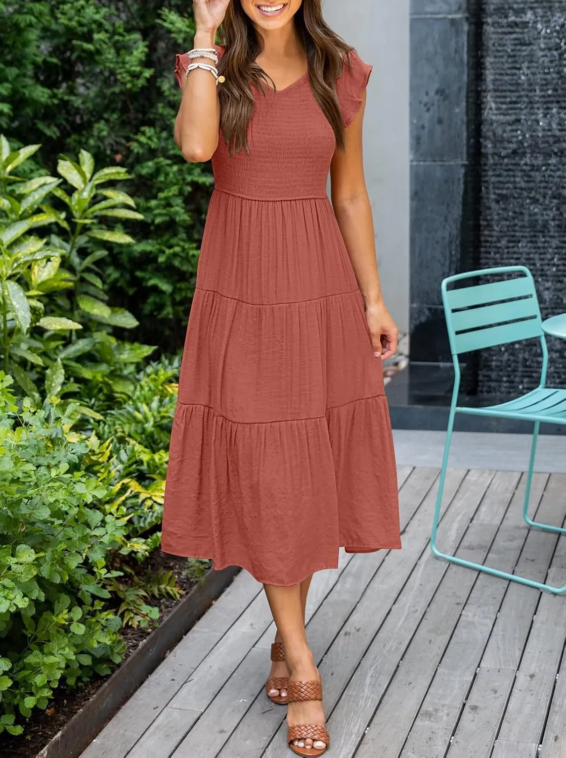 MEROKEETY Women's Flutter Sleeve Smocked Midi Dress V Neck Casual Tiered Dresses with Pockets