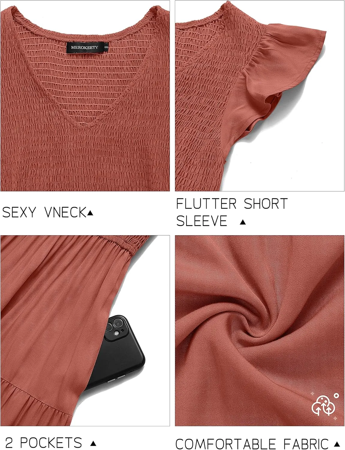MEROKEETY Women's Flutter Sleeve Smocked Midi Dress V Neck Casual Tiered Dresses with Pockets