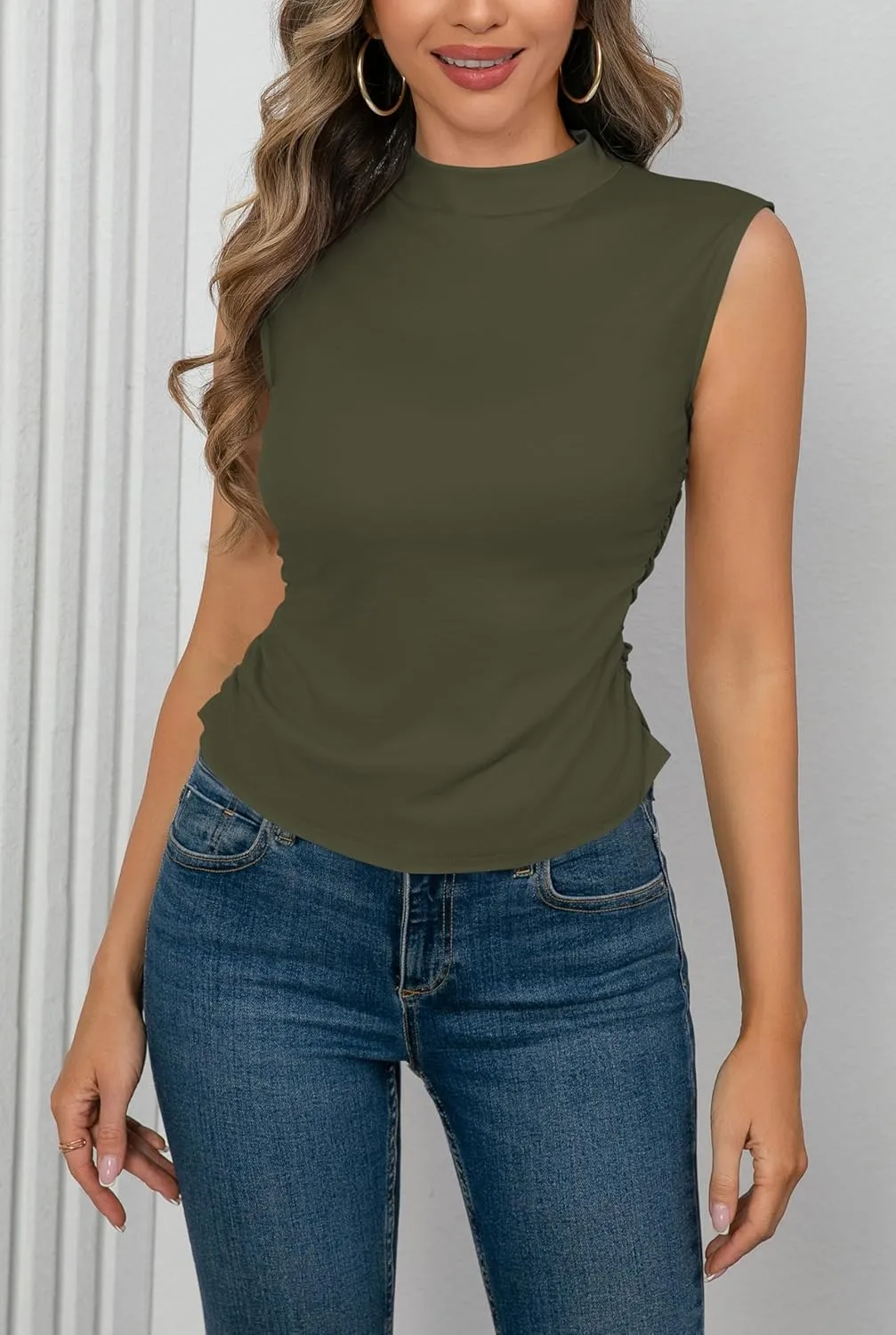 OMSJ Womens Mock Turtleneck Tank Tops Slim Fitted Sleeveless Crop Top Stretchy Summer Casual Trendy Side Ruched Shirts