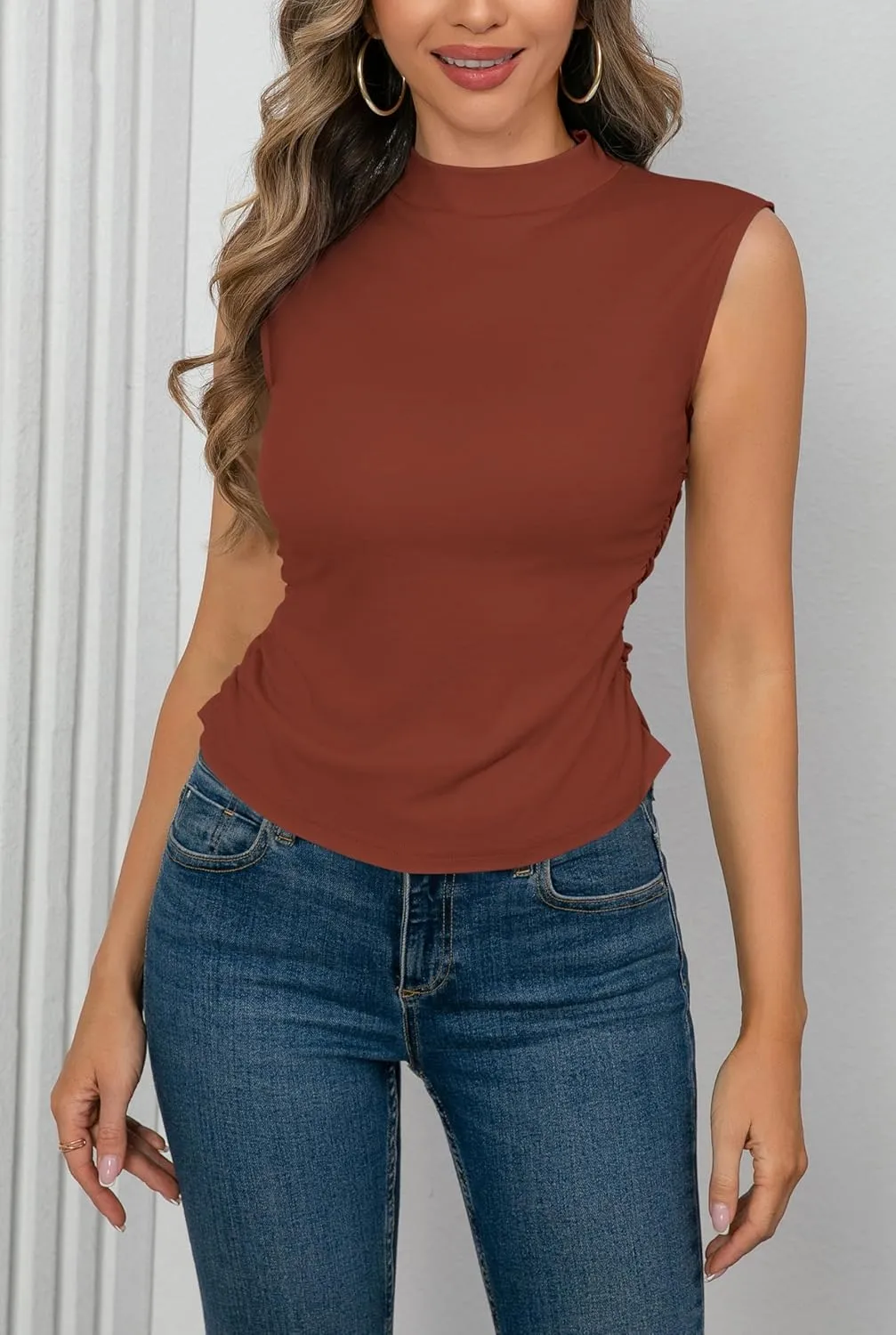 OMSJ Womens Mock Turtleneck Tank Tops Slim Fitted Sleeveless Crop Top Stretchy Summer Casual Trendy Side Ruched Shirts