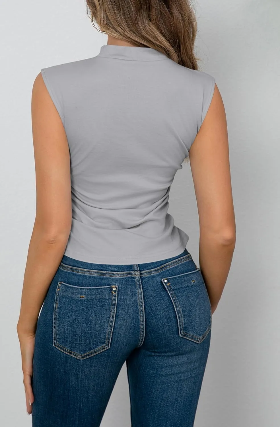 OMSJ Womens Mock Turtleneck Tank Tops Slim Fitted Sleeveless Crop Top Stretchy Summer Casual Trendy Side Ruched Shirts