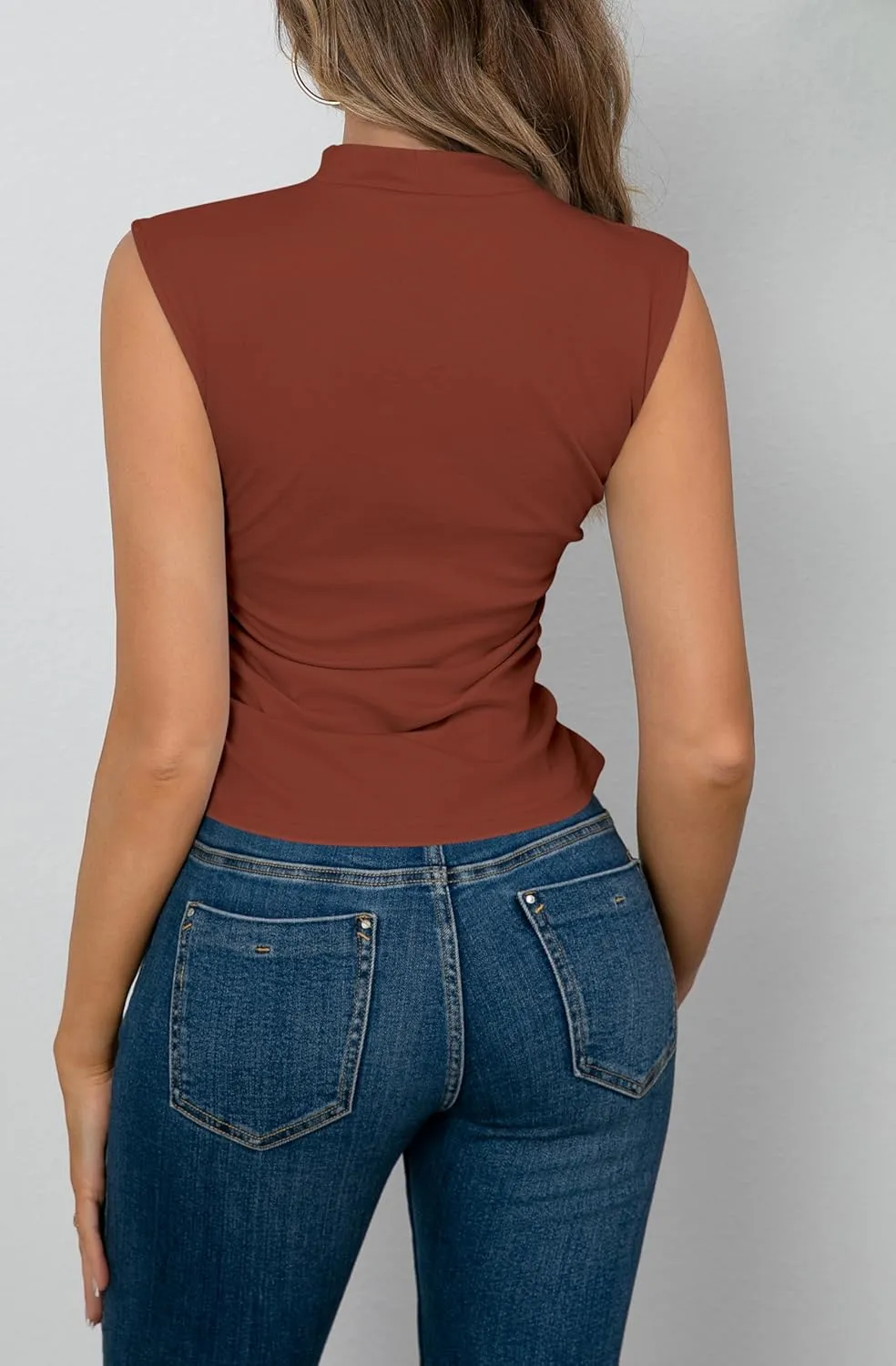 OMSJ Womens Mock Turtleneck Tank Tops Slim Fitted Sleeveless Crop Top Stretchy Summer Casual Trendy Side Ruched Shirts