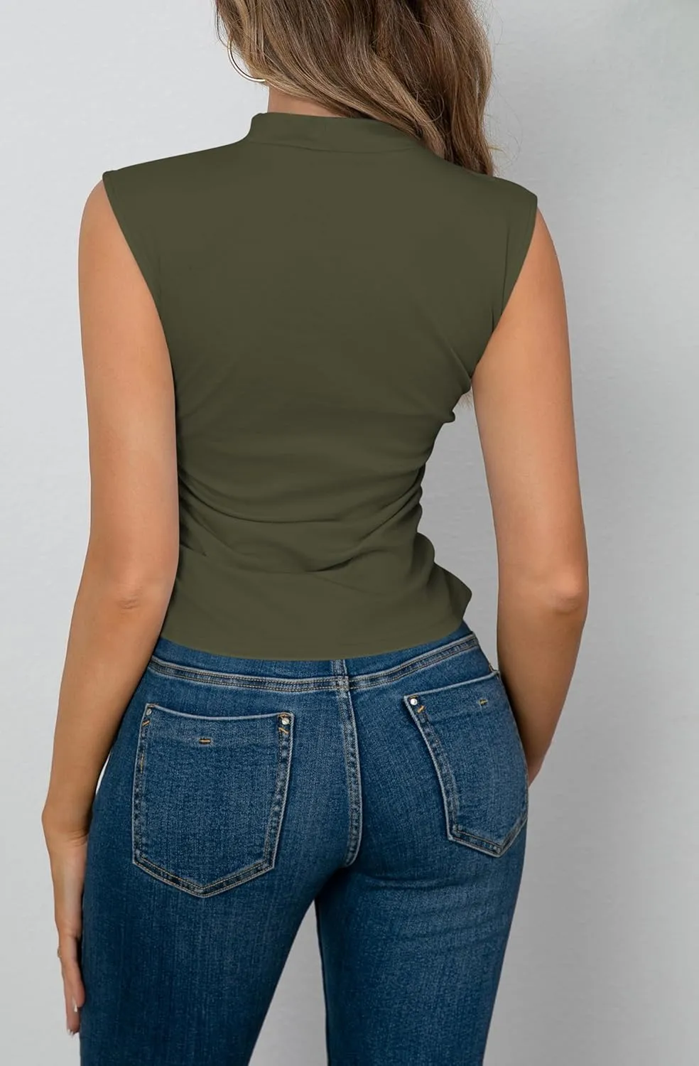 OMSJ Womens Mock Turtleneck Tank Tops Slim Fitted Sleeveless Crop Top Stretchy Summer Casual Trendy Side Ruched Shirts