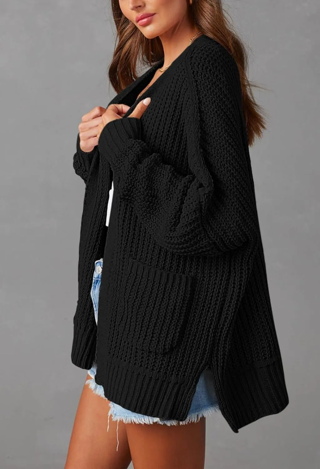 Pink Queen Women's 2024 Fall Winter Long Sleeve Cardigan Casual Open Front Oversized Knit Sweater Outerwear with Pockets