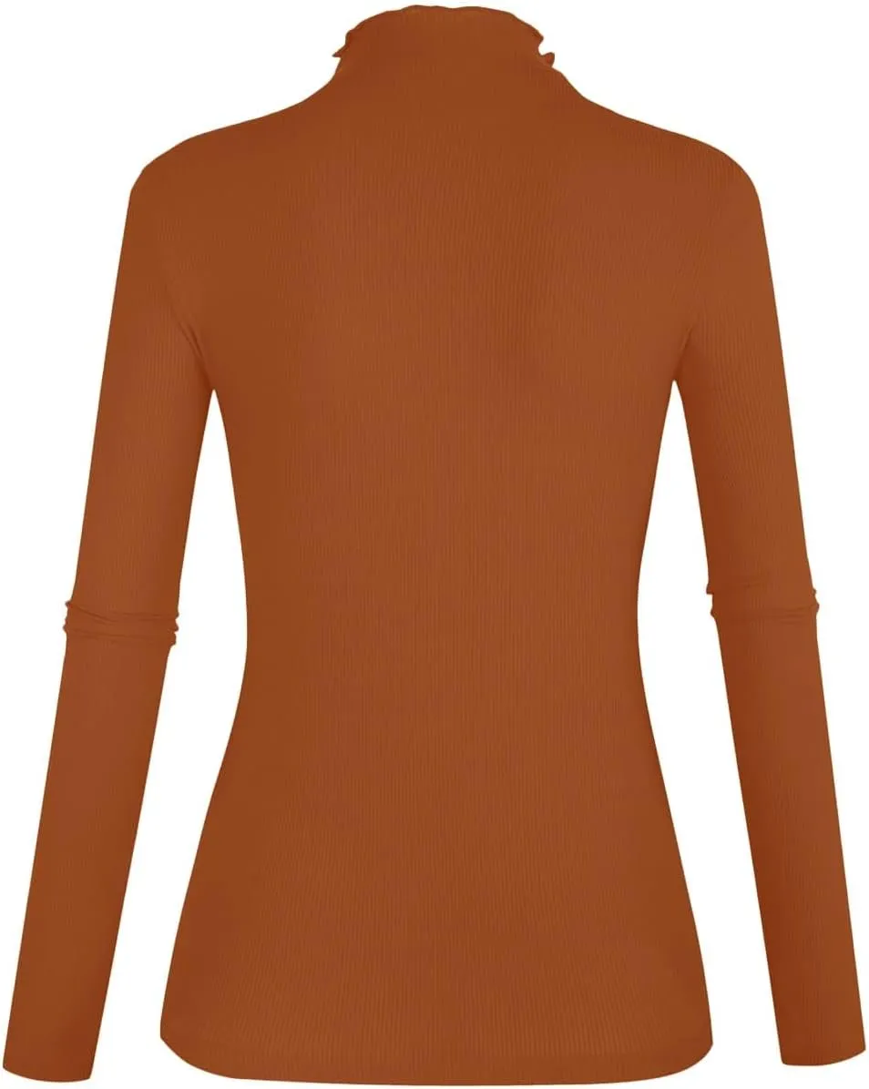 POPZONE Women's Lettuce Trim Mock Neck Long Sleeve Slim Fit Ribbed Knit Tee Shirt Tops