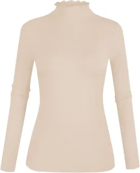 POPZONE Women's Lettuce Trim Mock Neck Long Sleeve Slim Fit Ribbed Knit Tee Shirt Tops