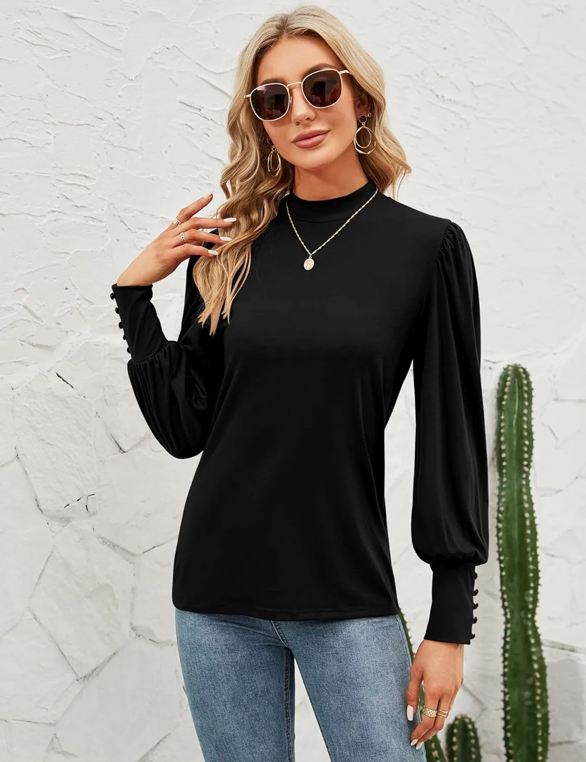 Qirno Womens Mock Neck Puff Long Sleeve Tops Casual Loose Solid Basic T Shirt Button Cuffs Pullovers Shirts Blouse