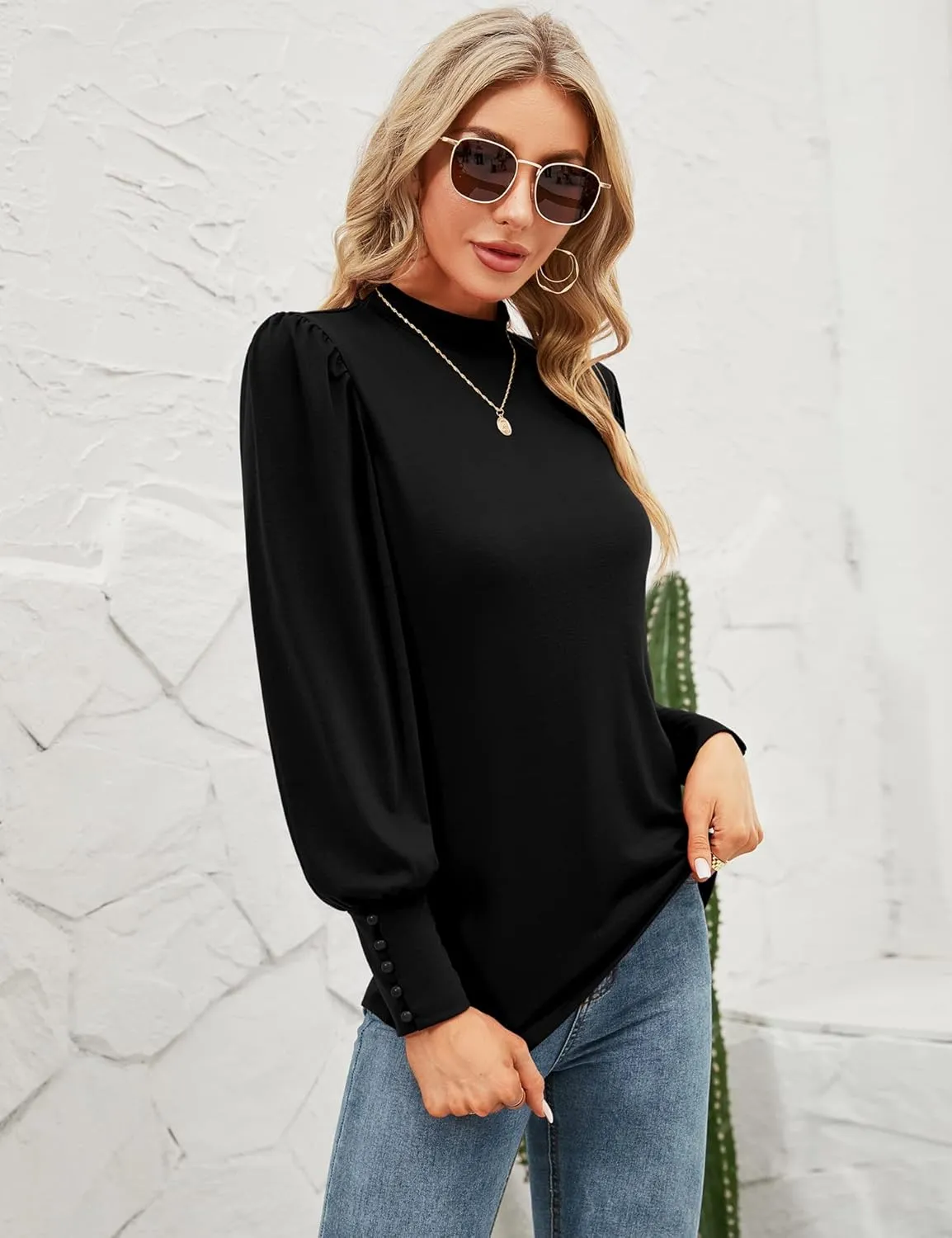 Qirno Womens Mock Neck Puff Long Sleeve Tops Casual Loose Solid Basic T Shirt Button Cuffs Pullovers Shirts Blouse
