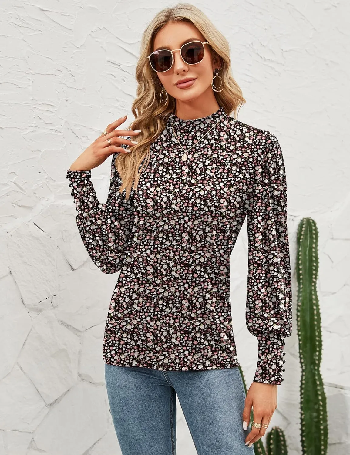 Qirno Womens Mock Neck Puff Long Sleeve Tops Casual Loose Solid Basic T Shirt Button Cuffs Pullovers Shirts Blouse
