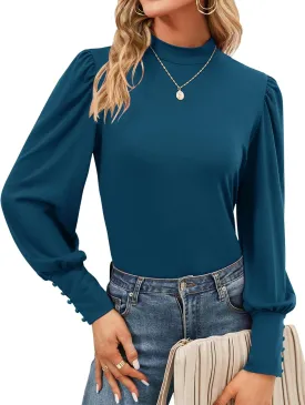 Qirno Womens Mock Neck Puff Long Sleeve Tops Casual Loose Solid Basic T Shirt Button Cuffs Pullovers Shirts Blouse