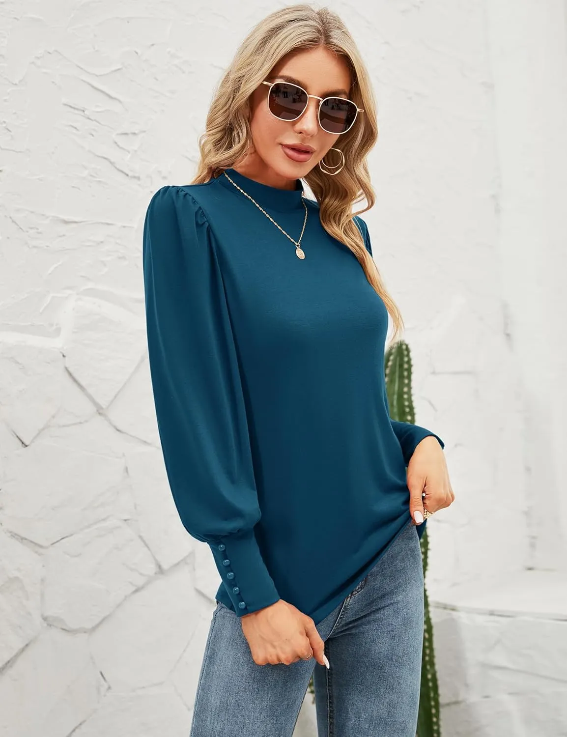 Qirno Womens Mock Neck Puff Long Sleeve Tops Casual Loose Solid Basic T Shirt Button Cuffs Pullovers Shirts Blouse