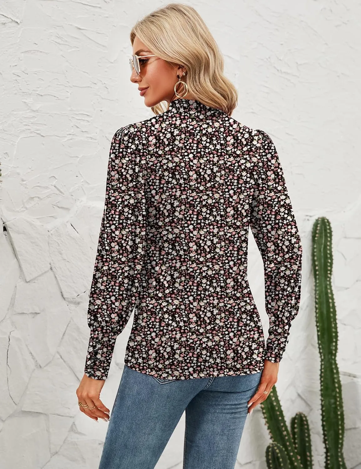 Qirno Womens Mock Neck Puff Long Sleeve Tops Casual Loose Solid Basic T Shirt Button Cuffs Pullovers Shirts Blouse