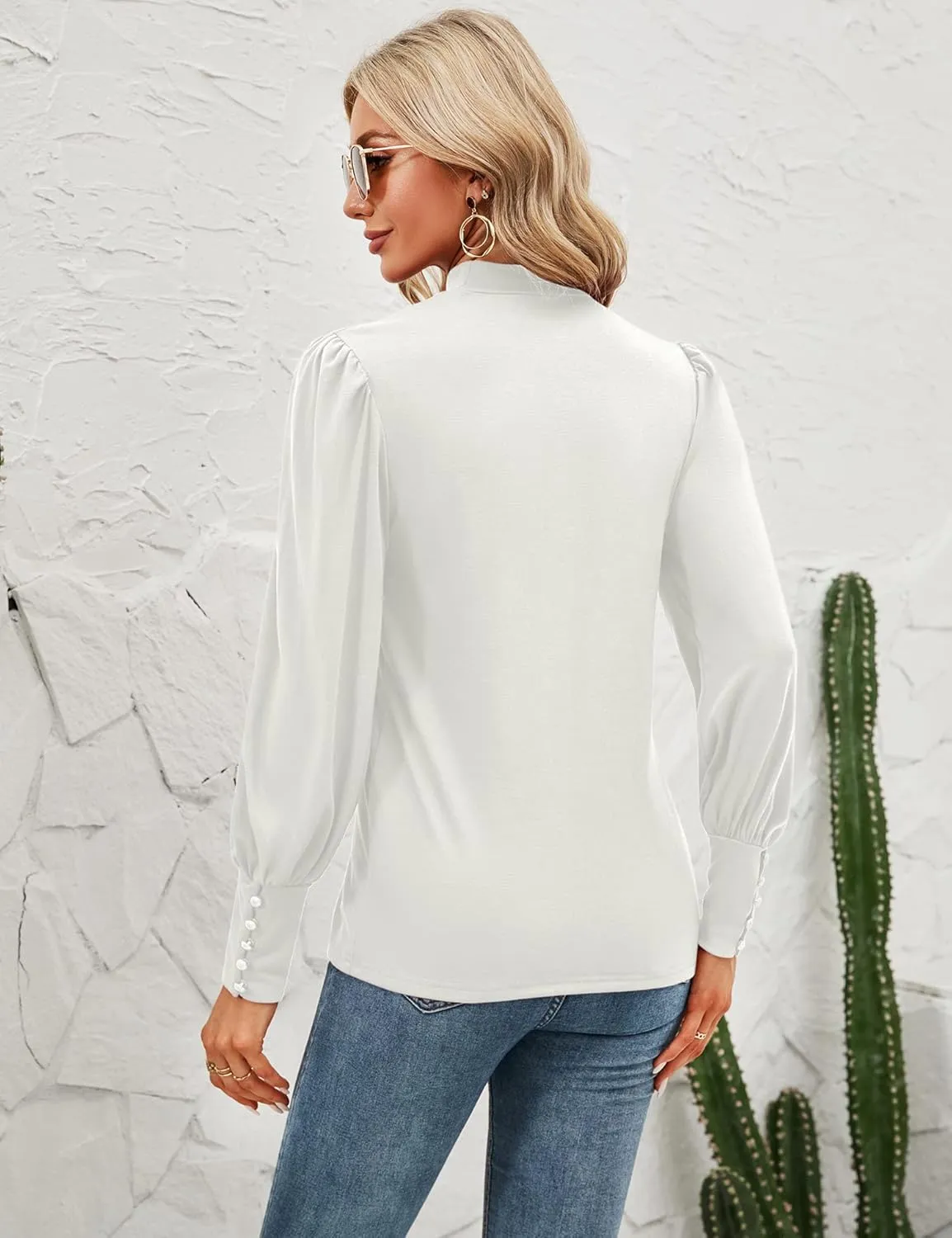 Qirno Womens Mock Neck Puff Long Sleeve Tops Casual Loose Solid Basic T Shirt Button Cuffs Pullovers Shirts Blouse