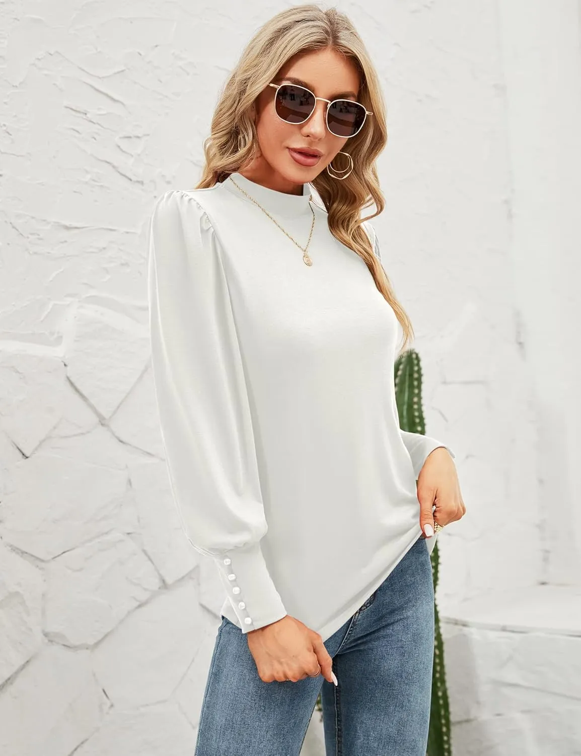 Qirno Womens Mock Neck Puff Long Sleeve Tops Casual Loose Solid Basic T Shirt Button Cuffs Pullovers Shirts Blouse