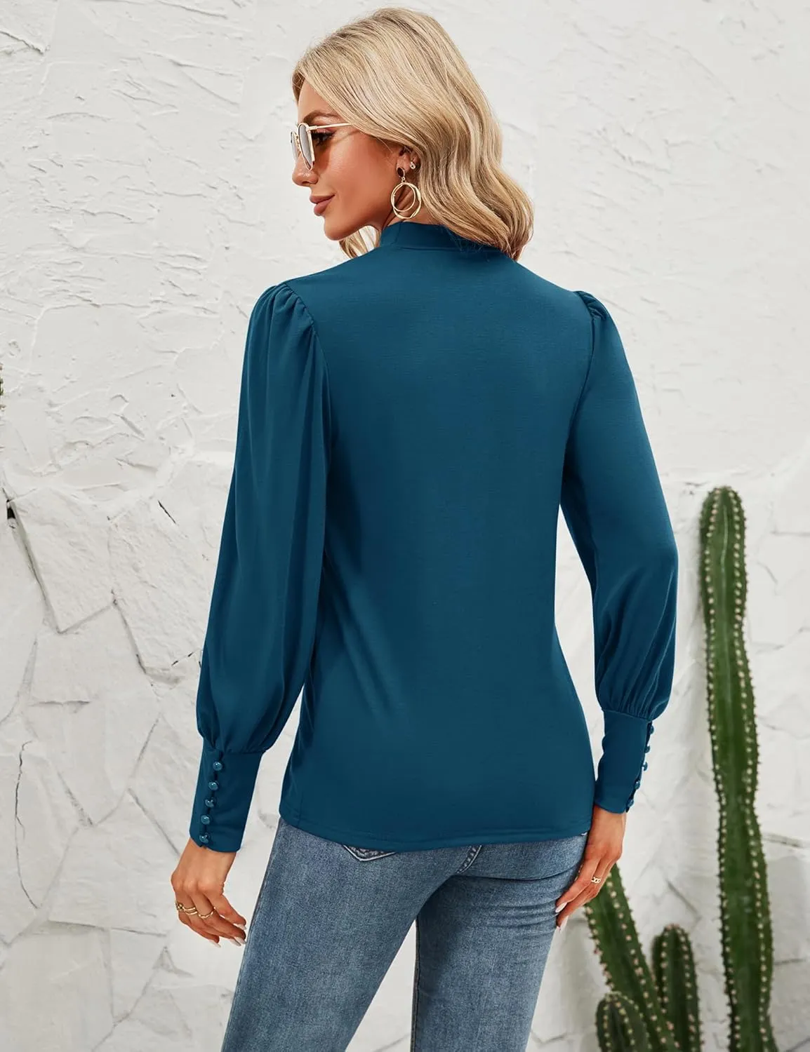 Qirno Womens Mock Neck Puff Long Sleeve Tops Casual Loose Solid Basic T Shirt Button Cuffs Pullovers Shirts Blouse