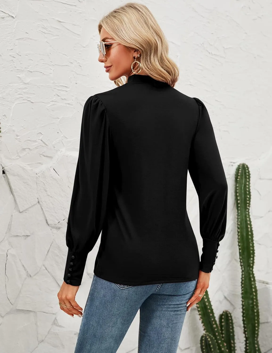 Qirno Womens Mock Neck Puff Long Sleeve Tops Casual Loose Solid Basic T Shirt Button Cuffs Pullovers Shirts Blouse