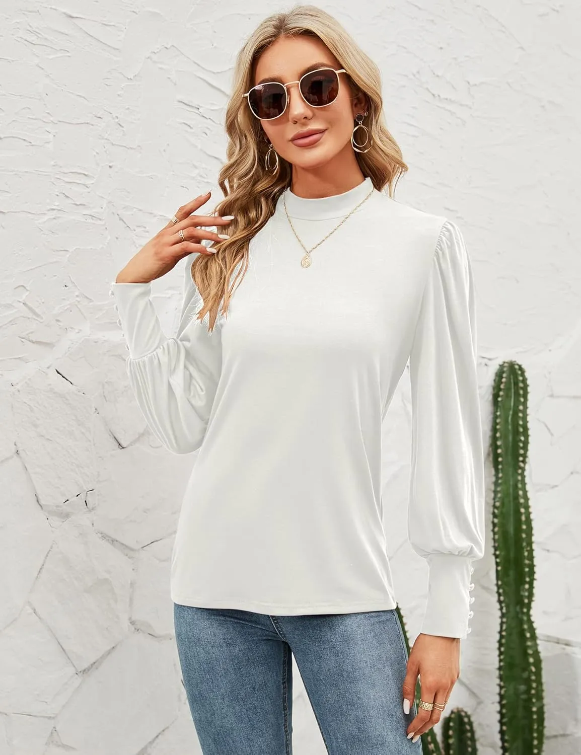 Qirno Womens Mock Neck Puff Long Sleeve Tops Casual Loose Solid Basic T Shirt Button Cuffs Pullovers Shirts Blouse