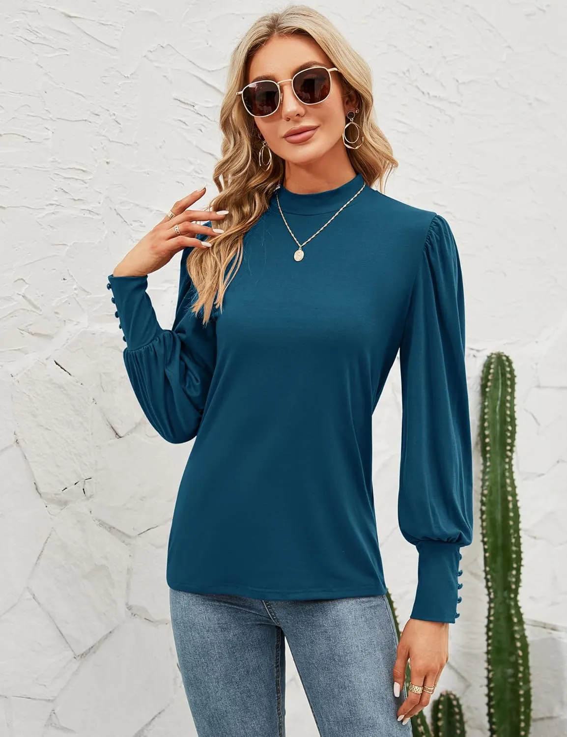 Qirno Womens Mock Neck Puff Long Sleeve Tops Casual Loose Solid Basic T Shirt Button Cuffs Pullovers Shirts Blouse