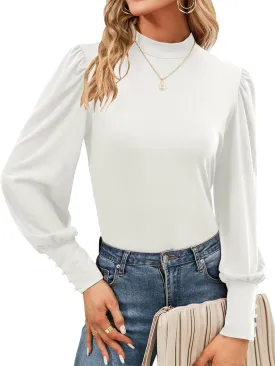 Qirno Womens Mock Neck Puff Long Sleeve Tops Casual Loose Solid Basic T Shirt Button Cuffs Pullovers Shirts Blouse
