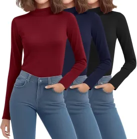 Riyiper 3 Pack Women's Mock Neck Tops, Long Sleeve Casual Shirts Slim Fitted Basic T Shirts Lightweight Base Layer Pullover