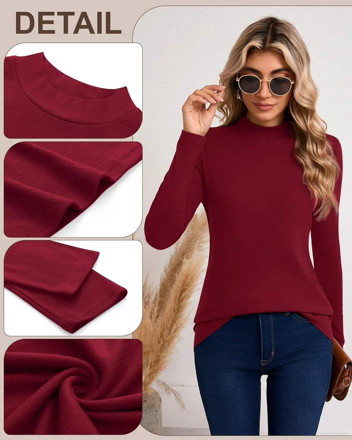 Riyiper 3 Pack Women's Mock Neck Tops, Long Sleeve Casual Shirts Slim Fitted Basic T Shirts Lightweight Base Layer Pullover