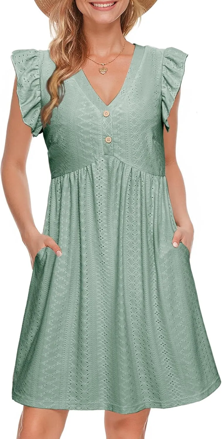 Simplee Womens Summer Short Sundress Casual Ruffle Sleeve Mini Dress 2025 Boho Beach Wedding Guest Eyelet Dresses with Pocket