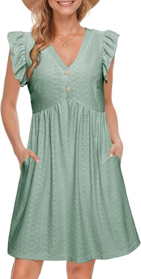 Simplee Womens Summer Short Sundress Casual Ruffle Sleeve Mini Dress 2025 Boho Beach Wedding Guest Eyelet Dresses with Pocket