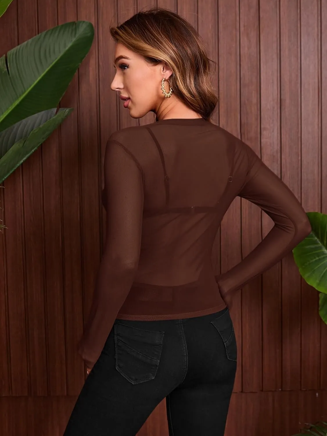SweatyRocks Women's Long Sleeve Mock Neck Angel Print Sexy Sheer Mesh Crop Top