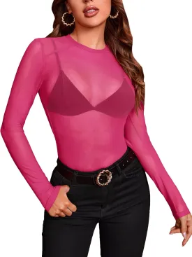 SweatyRocks Women's Long Sleeve Mock Neck Angel Print Sexy Sheer Mesh Crop Top