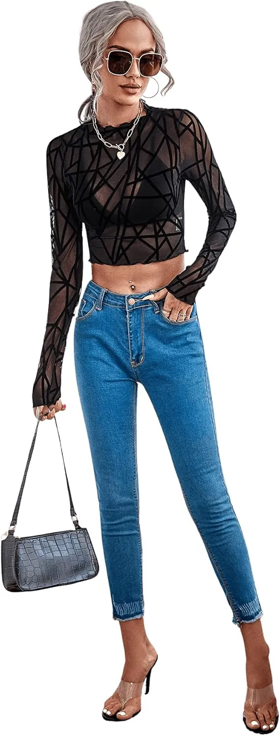 SweatyRocks Women's Long Sleeve Mock Neck Angel Print Sexy Sheer Mesh Crop Top