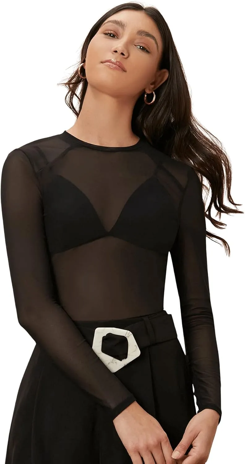 SweatyRocks Women's Long Sleeve Mock Neck Angel Print Sexy Sheer Mesh Crop Top