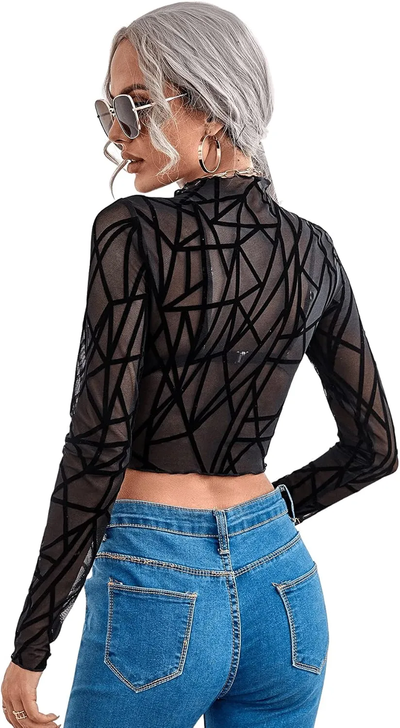 SweatyRocks Women's Long Sleeve Mock Neck Angel Print Sexy Sheer Mesh Crop Top