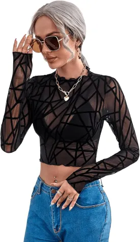 SweatyRocks Women's Long Sleeve Mock Neck Angel Print Sexy Sheer Mesh Crop Top