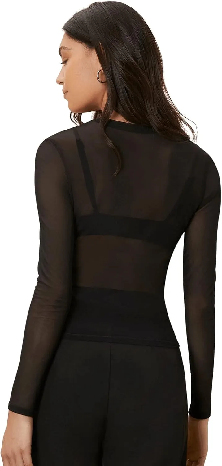 SweatyRocks Women's Long Sleeve Mock Neck Angel Print Sexy Sheer Mesh Crop Top
