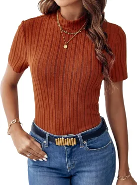 SweatyRocks Women's Mock Neck Short Sleeve Tee Tops Casual Ribbed Knit Slim Fit T Shirts