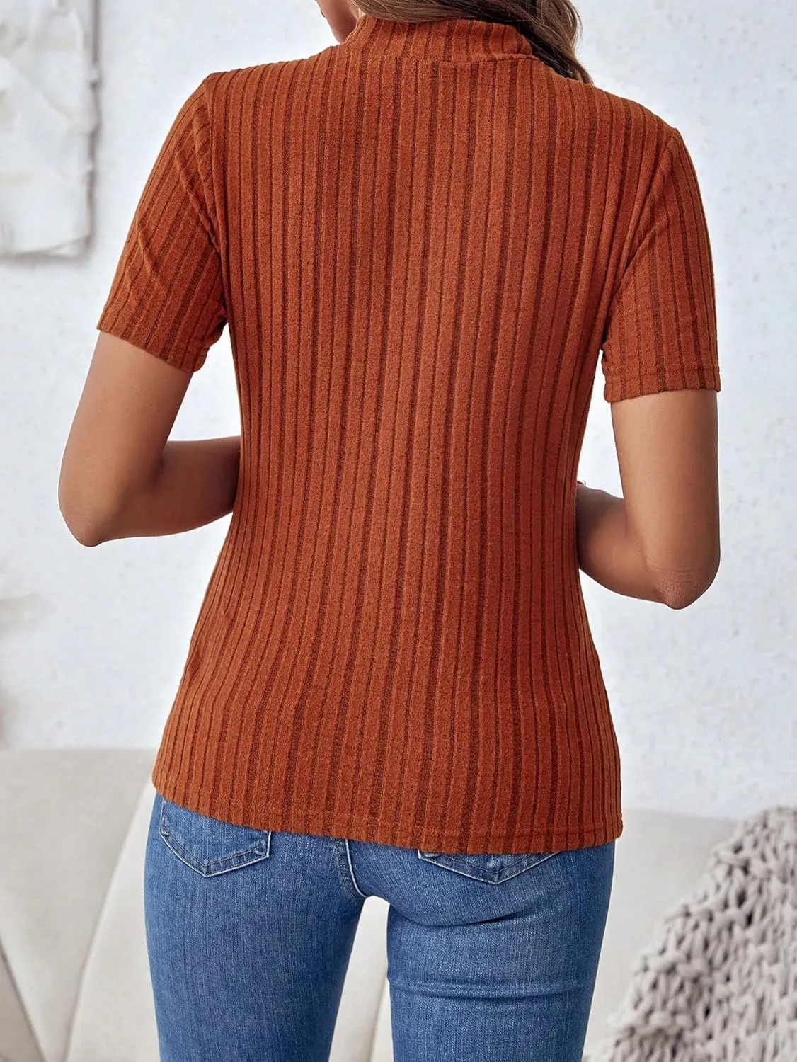 SweatyRocks Women's Mock Neck Short Sleeve Tee Tops Casual Ribbed Knit Slim Fit T Shirts